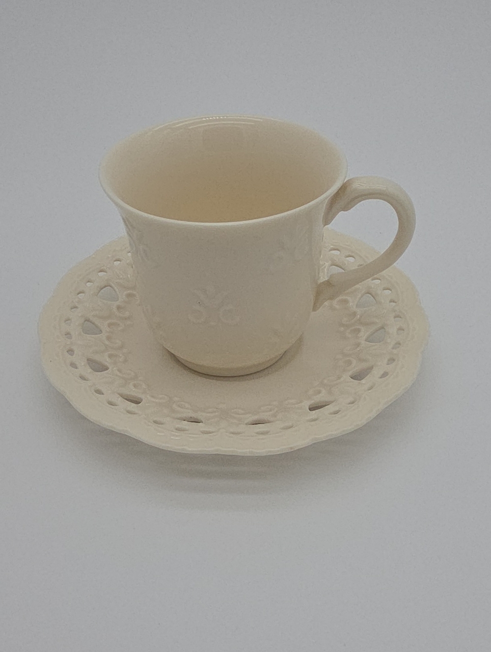 Vintage Skye McGhie Cream Lace Fine Porcelain Teacup and Pierced Saucer Set